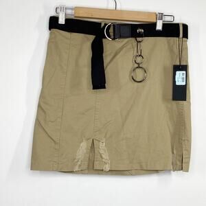 LF Carmar Taupe Khaki Black Cotton Blend Belted Mini Skirt Women's Size 12 NWT